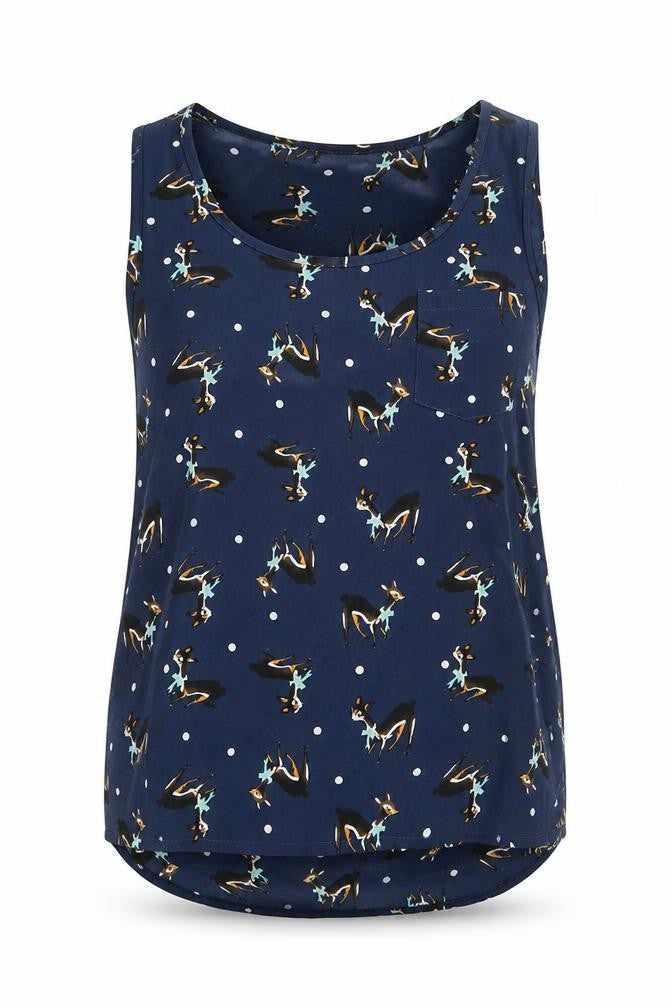 Front view of Diffuse women’s blue geometric polyester basic tank, size UK 10, round neck - reindeer pattern