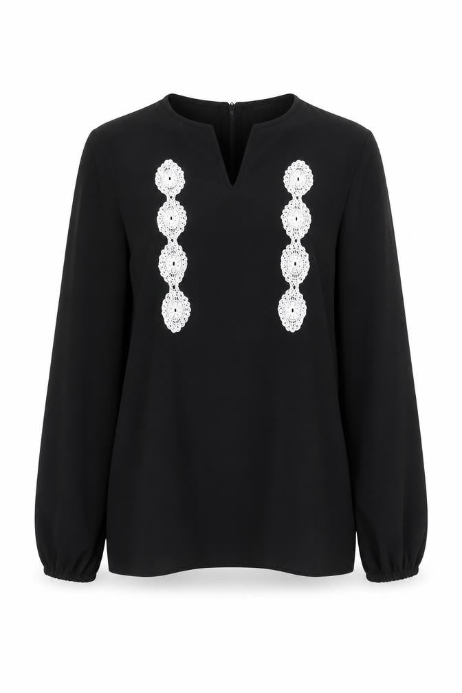 Front view of Pop England women’s black polyester basic blouse, size S, v-neck