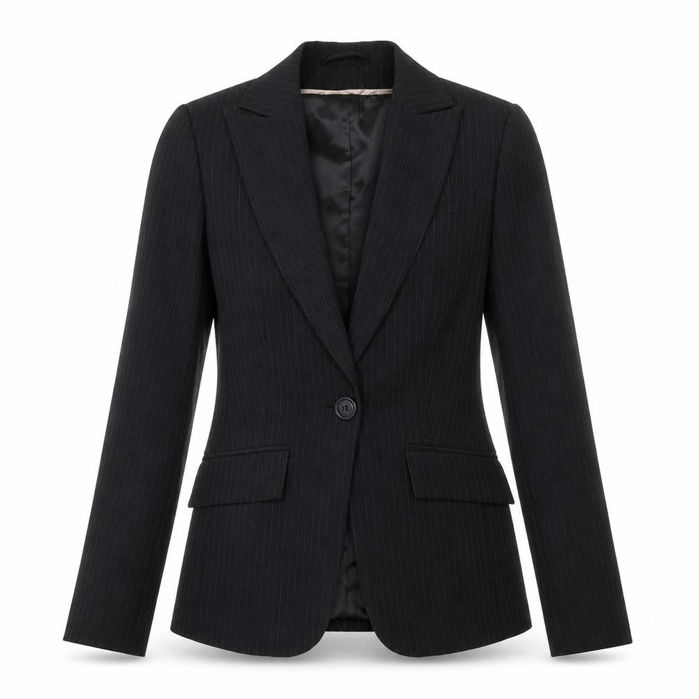 Front view of Bay women’s black striped polyester jacket blazer, size UK 8