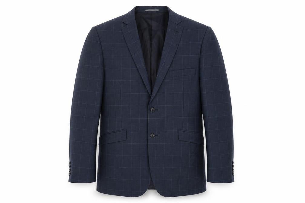 Front view of T L men’s blue check polyester jacket suit jacket, size 46