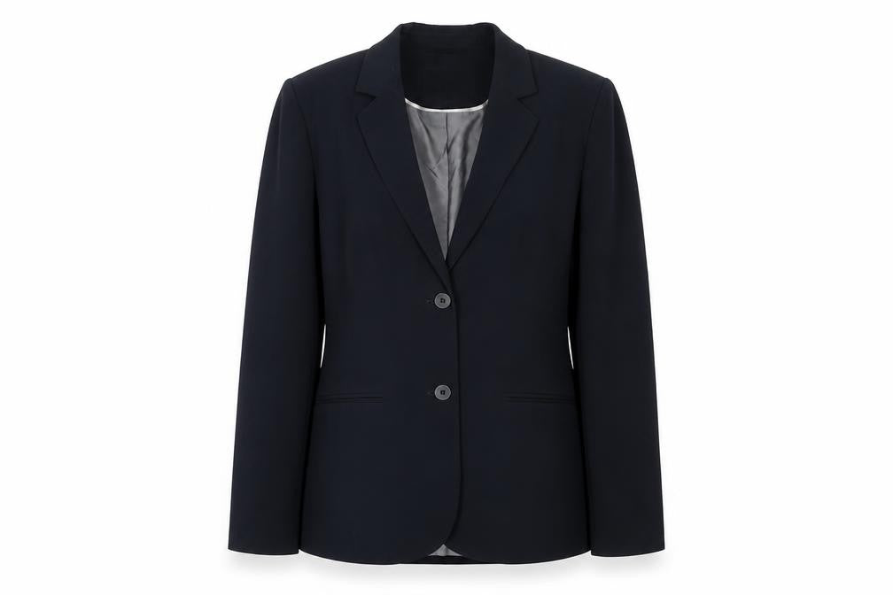 Front view of Next women’s black polyurethane jacket suit jacket, size UK 10