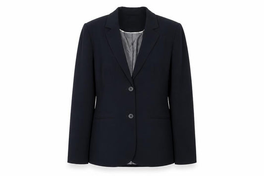 Front view of Next women’s black polyurethane jacket suit jacket, size UK 10