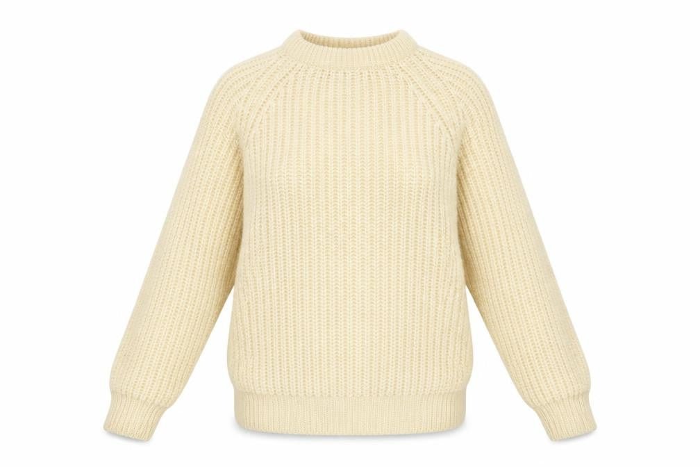 Front view of Next women’s beige round neck acrylic jumper, size M