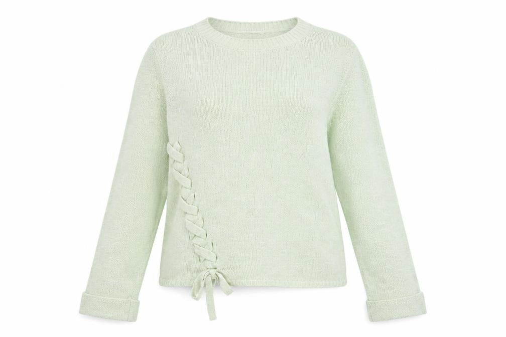 Front view of George women’s green round neck acrylic jumper, size UK 12