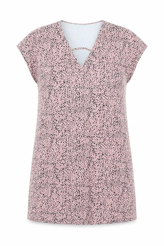 Front view of SHEIN women’s pink geometric polyester shift, size S, v-neck pullover