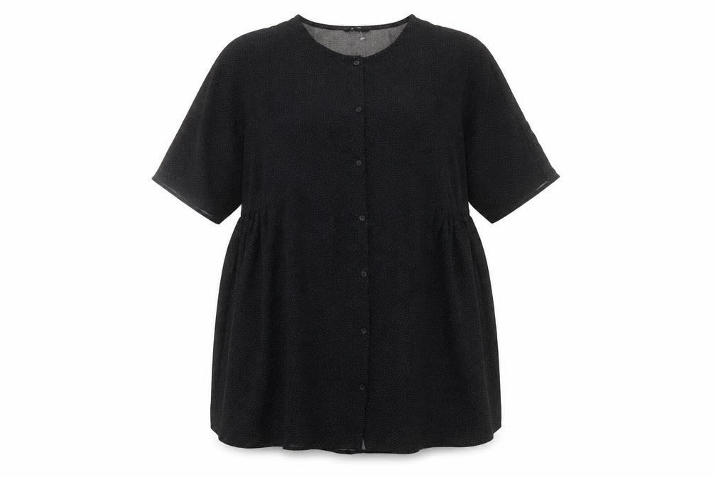 Front view of Monki women’s black geometric polyester a-line, size S, round neck button