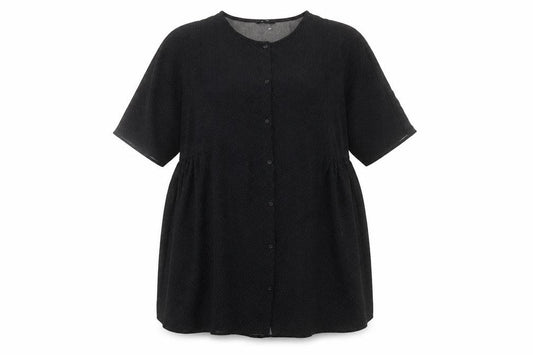 Front view of Monki women’s black geometric polyester a-line, size S, round neck button