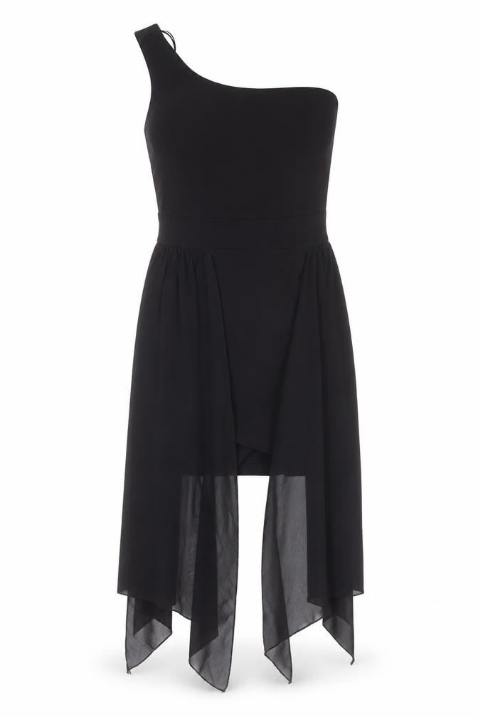 Front view of Ad Lib women’s black polyester shift, size UK 10, one shoulder zip