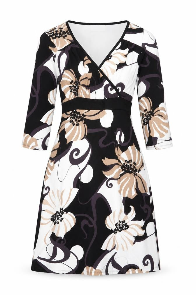 Front view of Wallis women’s black floral viscose fit & flare, size UK 8, v-neck pullover