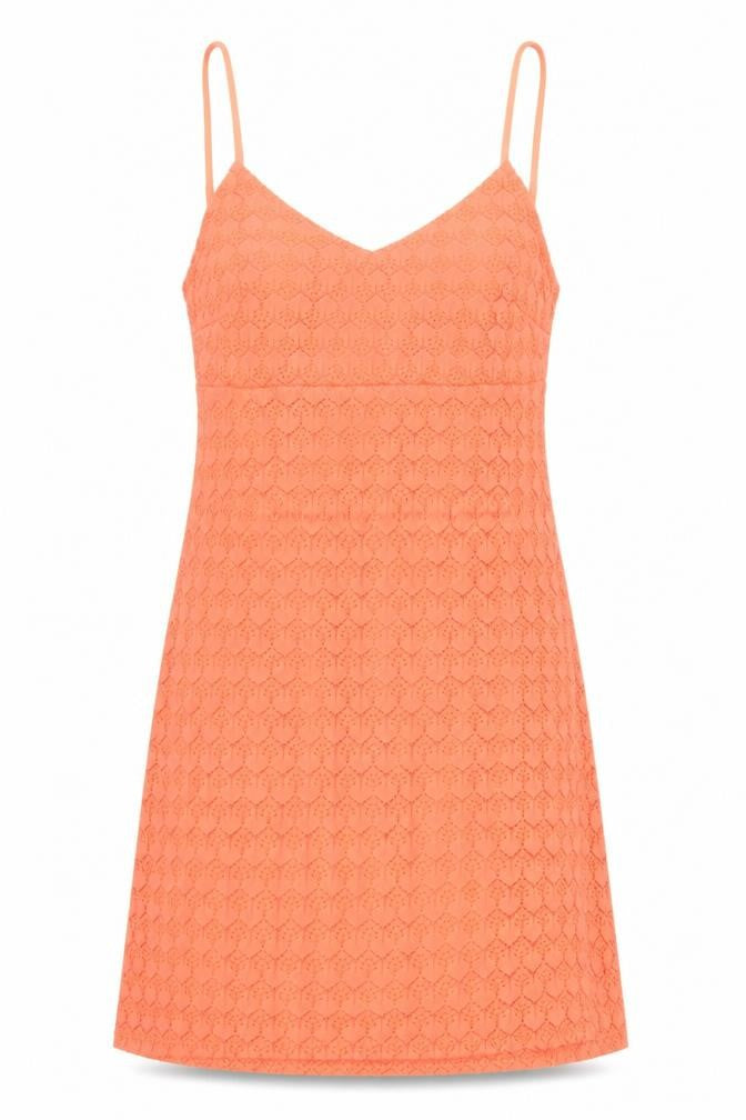Front view of Miss Selfridge women’s orange geometric polyester tank dress, size UK 8, v-neck pullover