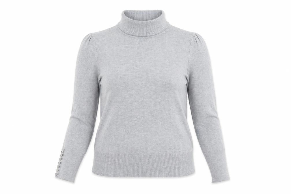 Front view of Wallis women’s grey roll neck viscose jumper, size UK 12