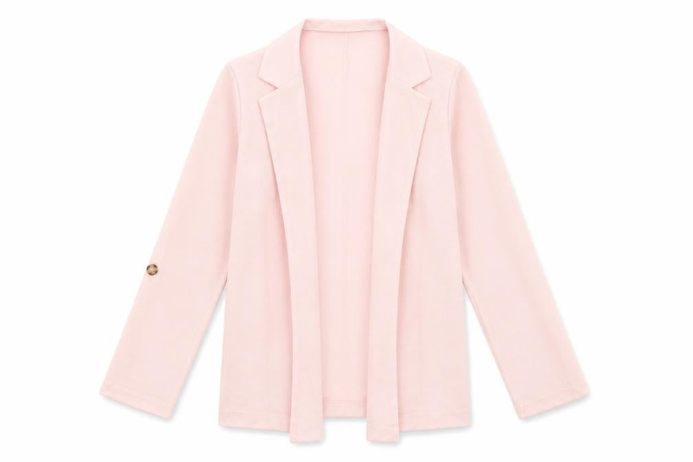 Front view of Select women’s pink v-neck polyester cardigan jumper, size UK 10