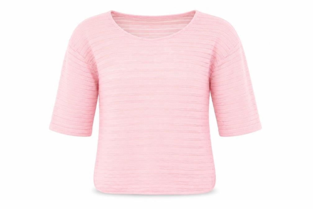 Front view of Next women’s pink round neck striped polyester jumper, size UK 8