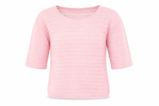 Front view of Next women’s pink round neck striped polyester jumper, size UK 8