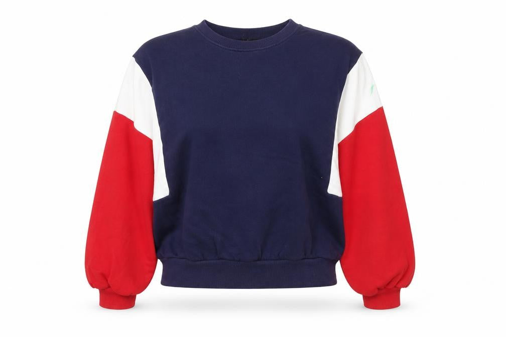 Front view of Divided by H&M women’s multicoloured colourblock cotton pullover sweatshirt, size S, pullover