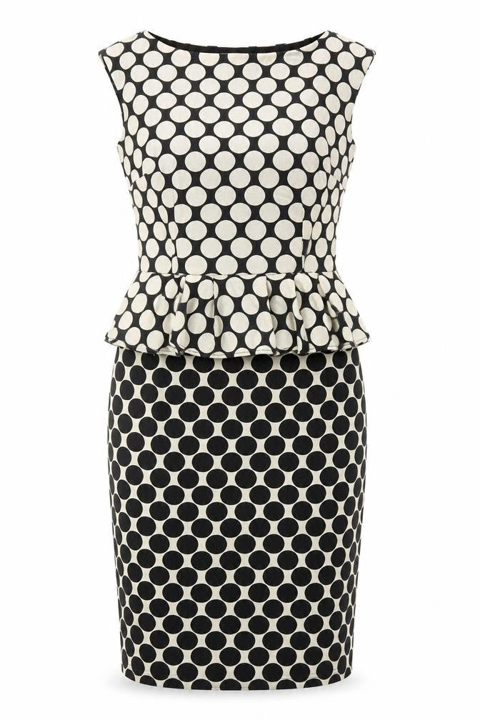 Front view of Dorothy Perkins women’s black geometric polyester a-line, size UK 12, scoop neck pullover