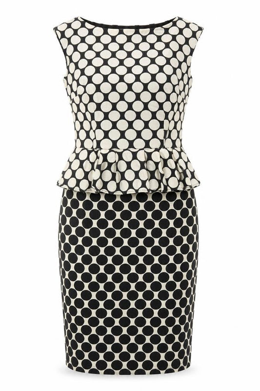 Front view of Dorothy Perkins women’s black geometric polyester a-line, size UK 12, scoop neck pullover