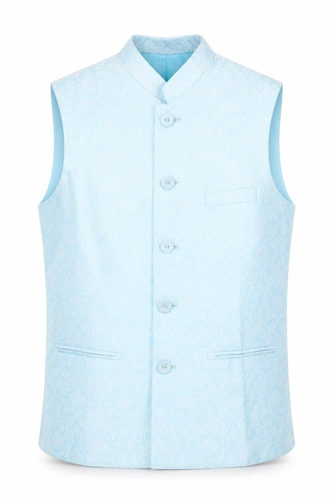 Front view of Abha Batra men’s blue polyester jacket suit waistcoat, size L