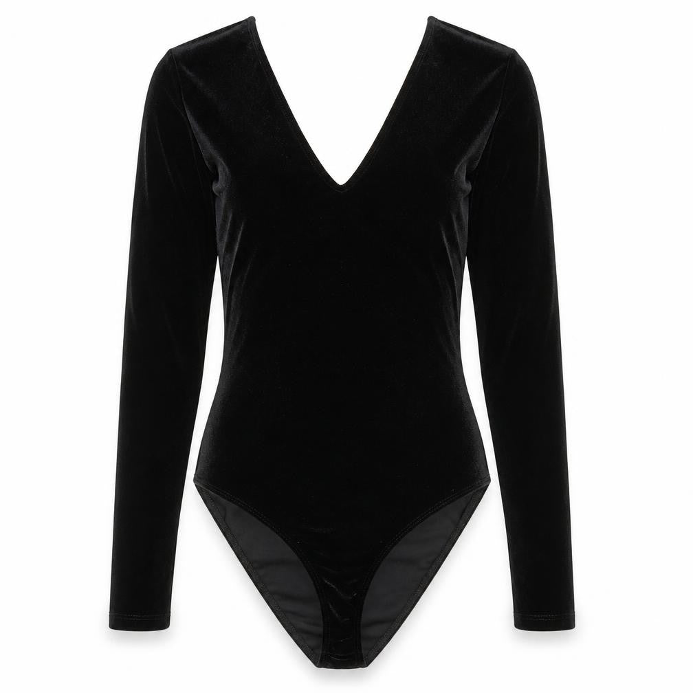 Front view of River Island women’s black polyester bodysuit one-piece, size UK 6, 10-inch leg snap