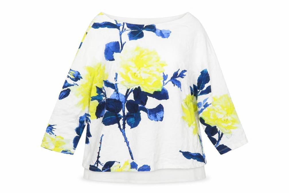 Front view of Phase Eight women’s white floral cotton basic blouse, size UK 12, scoop neck