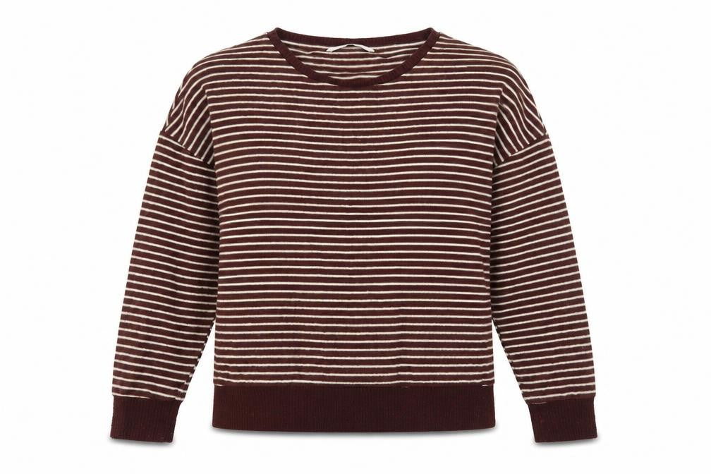 Front view of Tu women’s brown round neck striped viscose jumper, size UK 12