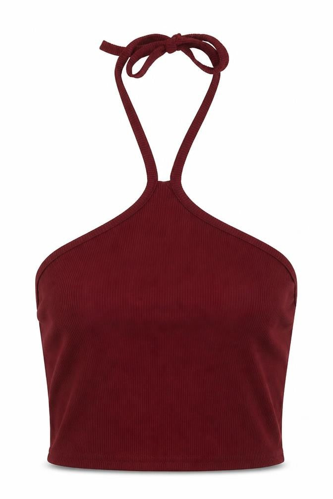 Front view of Boohoo women’s red polyester cropped tank, size UK 8, halter