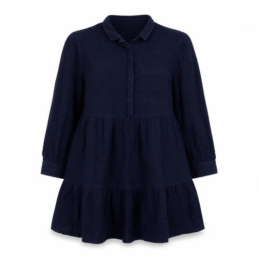 Front view of Next women’s blue cotton shirt dress, size UK 12, collared button