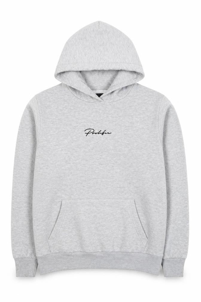 Front view of River Island men’s grey polyester pullover hoodie, size XS