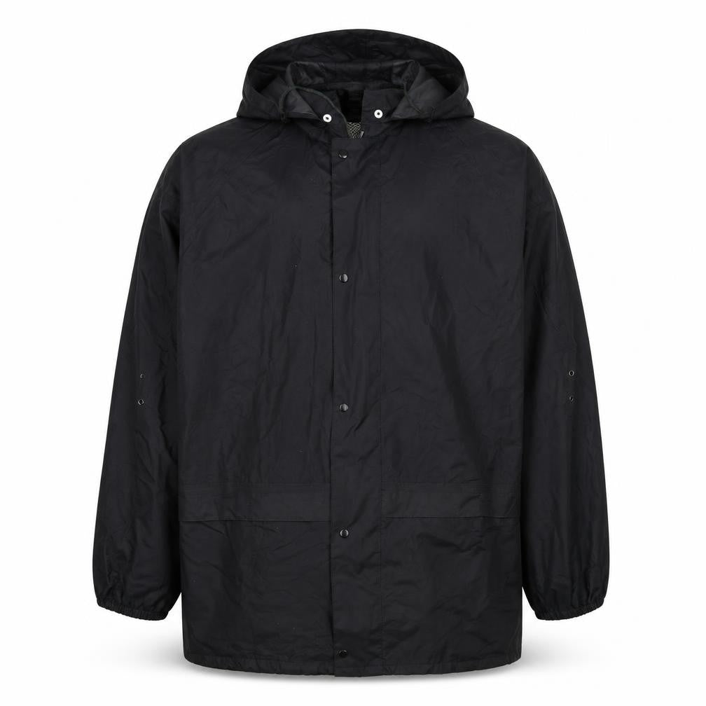 Front view of FootPete men’s black rain coat coat, size M, zip