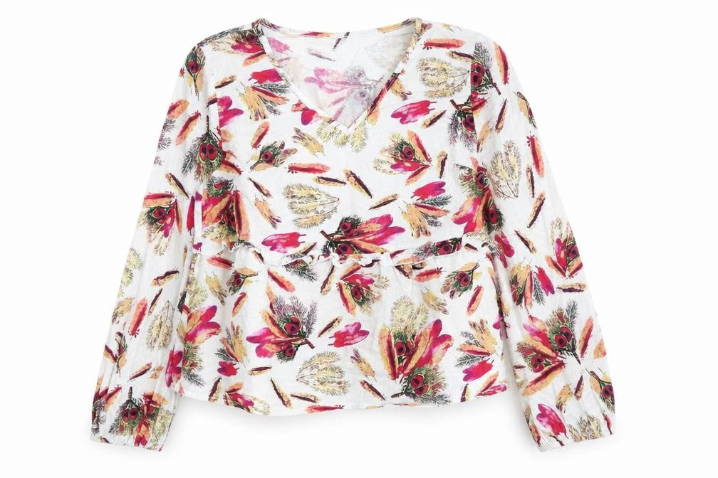 Front view of Emery Rose women’s multicoloured geometric polyester basic blouse, size L, v-neck