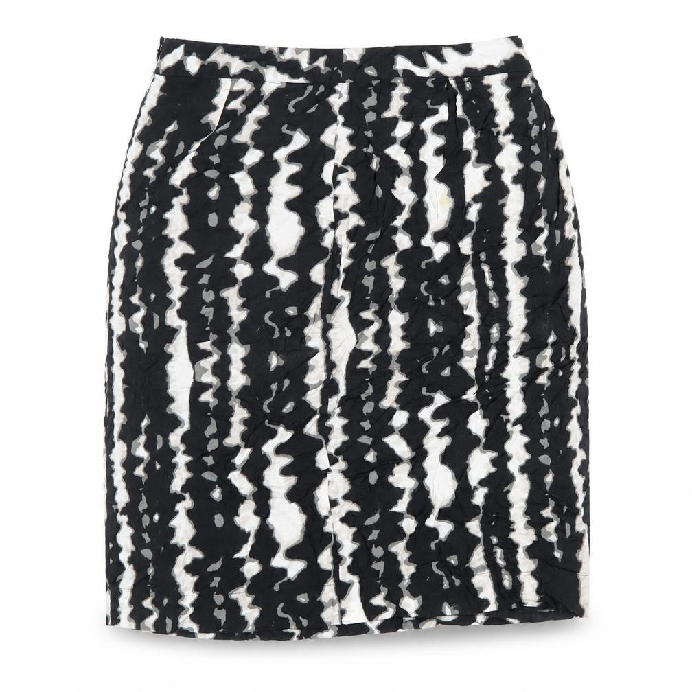 Front view of Monsoon women’s black geometric polyester a-line skirt, size UK 12, zip