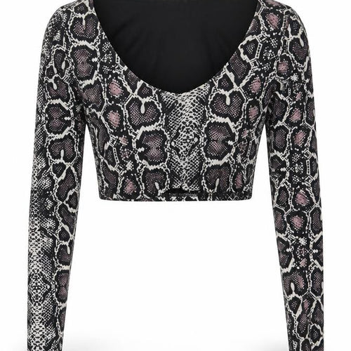 PRETTYLITTLETHING Womens Grey Animal Print Polyester Cropped Blouse Size 12 Scoop Neck - Snakeskin Pattern