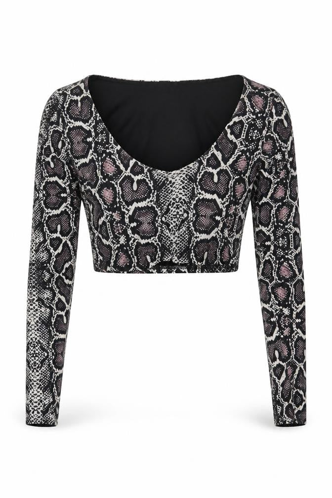PRETTYLITTLETHING Womens Grey Animal Print Polyester Cropped Blouse Size 12 Scoop Neck - Snakeskin Pattern
