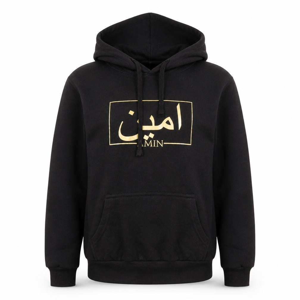 Front view of Famona women’s black cotton pullover hoodie, size XS, pullover