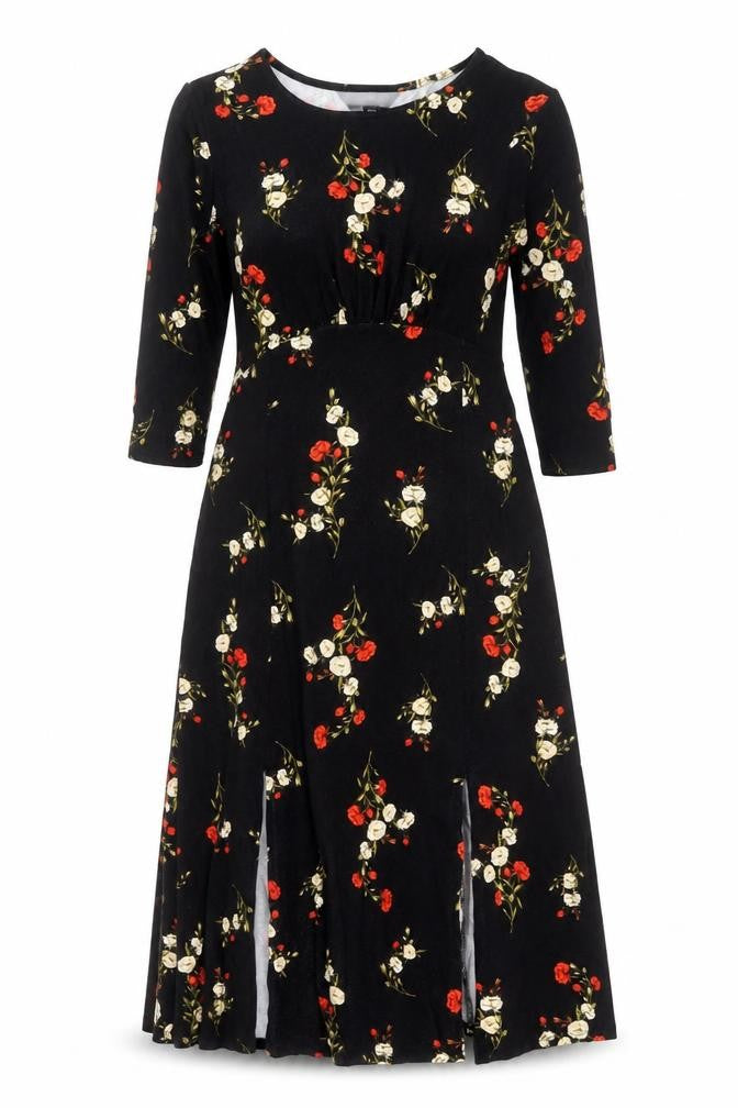 Dorothy Perkins Womens Black Floral Viscose A-Line Size 8 Round Neck Pullover - Slit
