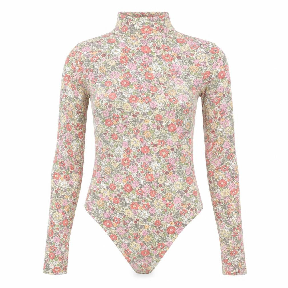 Front view of H&M women’s multicoloured floral viscose bodysuit one-piece, size M, snap