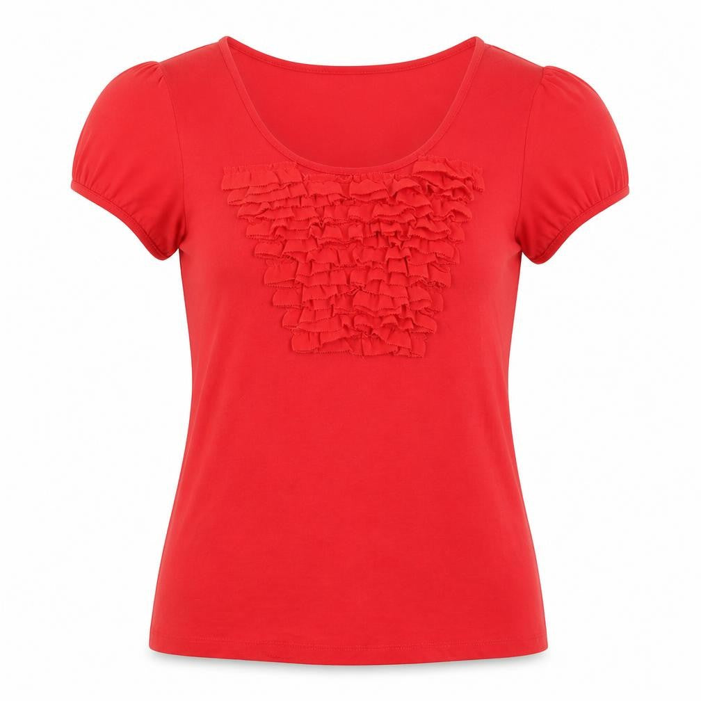 Front view of planet women’s red viscose basic t-shirt, size S, scoop neck