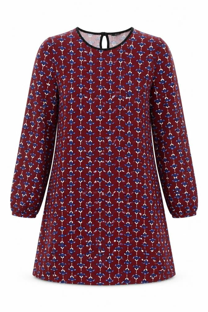 Front view of Dorothy Perkins women’s red geometric viscose shift, size UK 10, round neck button