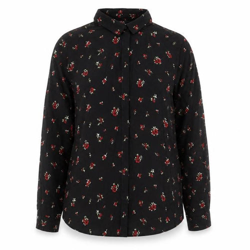 Pull&Bear Womens Black Floral Viscose Basic Button-Up Size L Collared - Tie Neck Detail