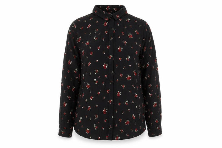 Pull&Bear Womens Black Floral Viscose Basic Button-Up Size L Collared - Tie Neck Detail