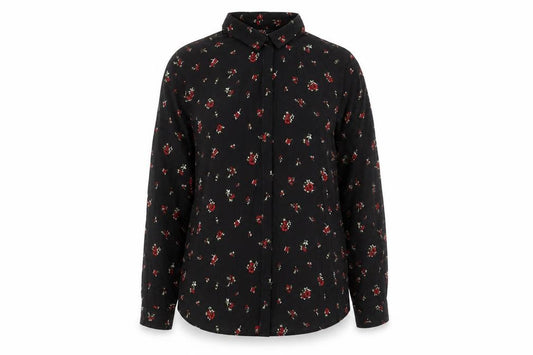 Front view of Pull&Bear women’s black floral viscose basic button-up, size L, collared - tie neck detail