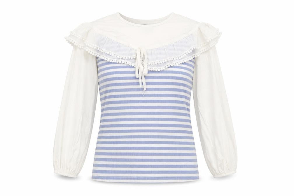 Front view of Elti women’s blue striped polyester basic blouse, size M, round neck - pom pom detail