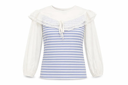 Front view of Elti women’s blue striped polyester basic blouse, size M, round neck - pom pom detail