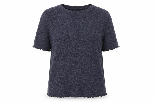 Front view of Limited Edition women’s blue viscose basic t-shirt, size UK 12, round neck