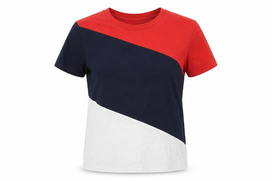 Front view of Monki women’s multicoloured colourblock polyester basic t-shirt, size S, round neck