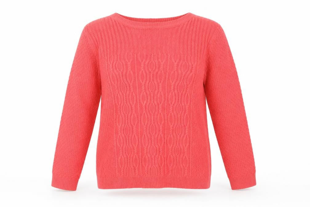 Front view of Isle women’s pink round neck acrylic jumper, size M