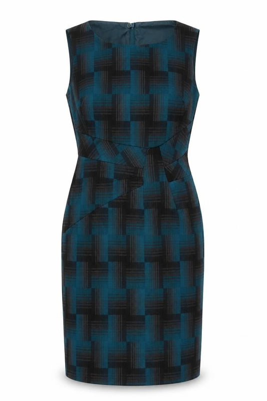 Front view of Marks & Spencer women’s blue geometric polyester a-line, size UK 10, round neck zip