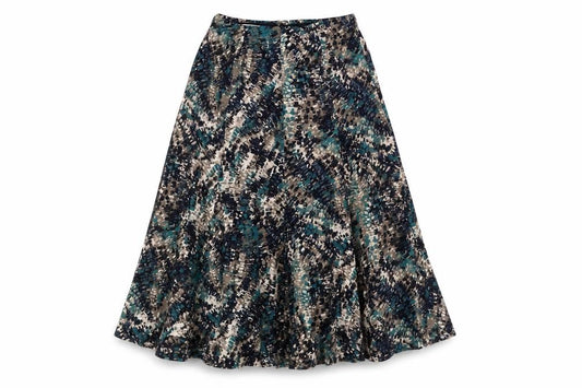 Front view of Country Casuals women’s multicoloured geometric polyester a-line skirt, size S