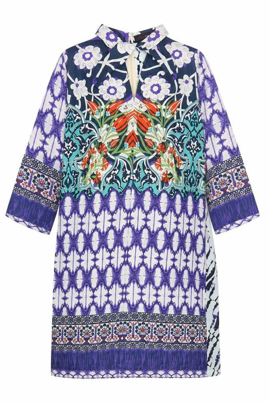 Front view of Khaadi Khaas women’s multicoloured geometric polyester kaftan, size UK 12, mock neck zip