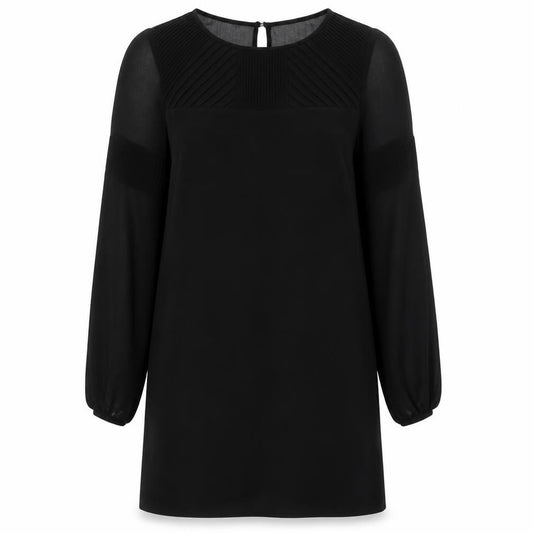 Front view of Warehouse women’s black polyester a-line, size UK 10, round neck button